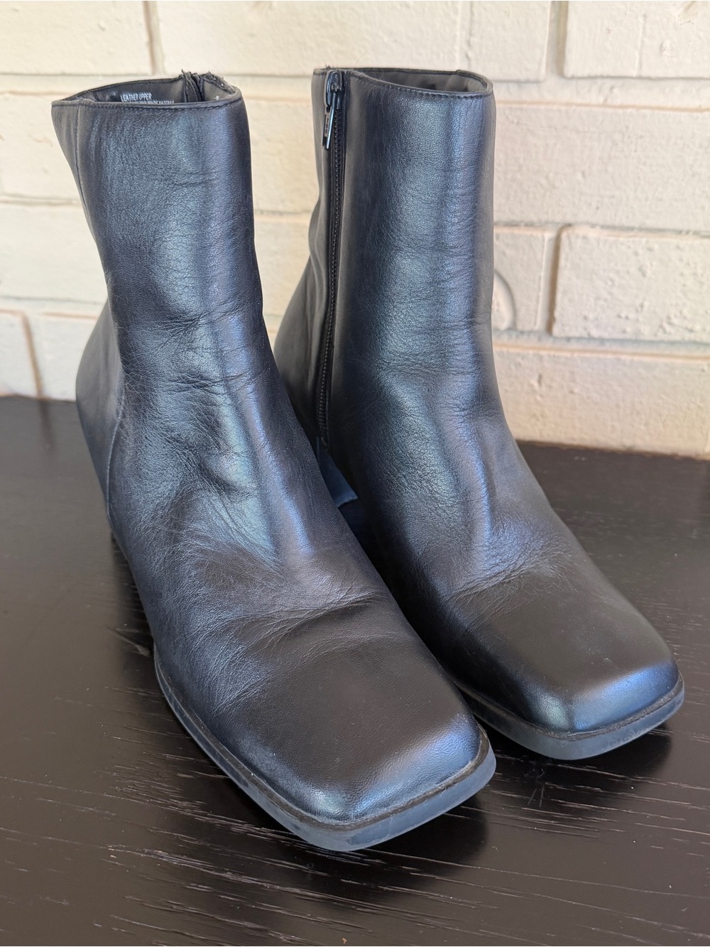 VTG 90s Black Leather Square Toe Ankle Boots Chunky Block Heel Womens 7.5 Grunge